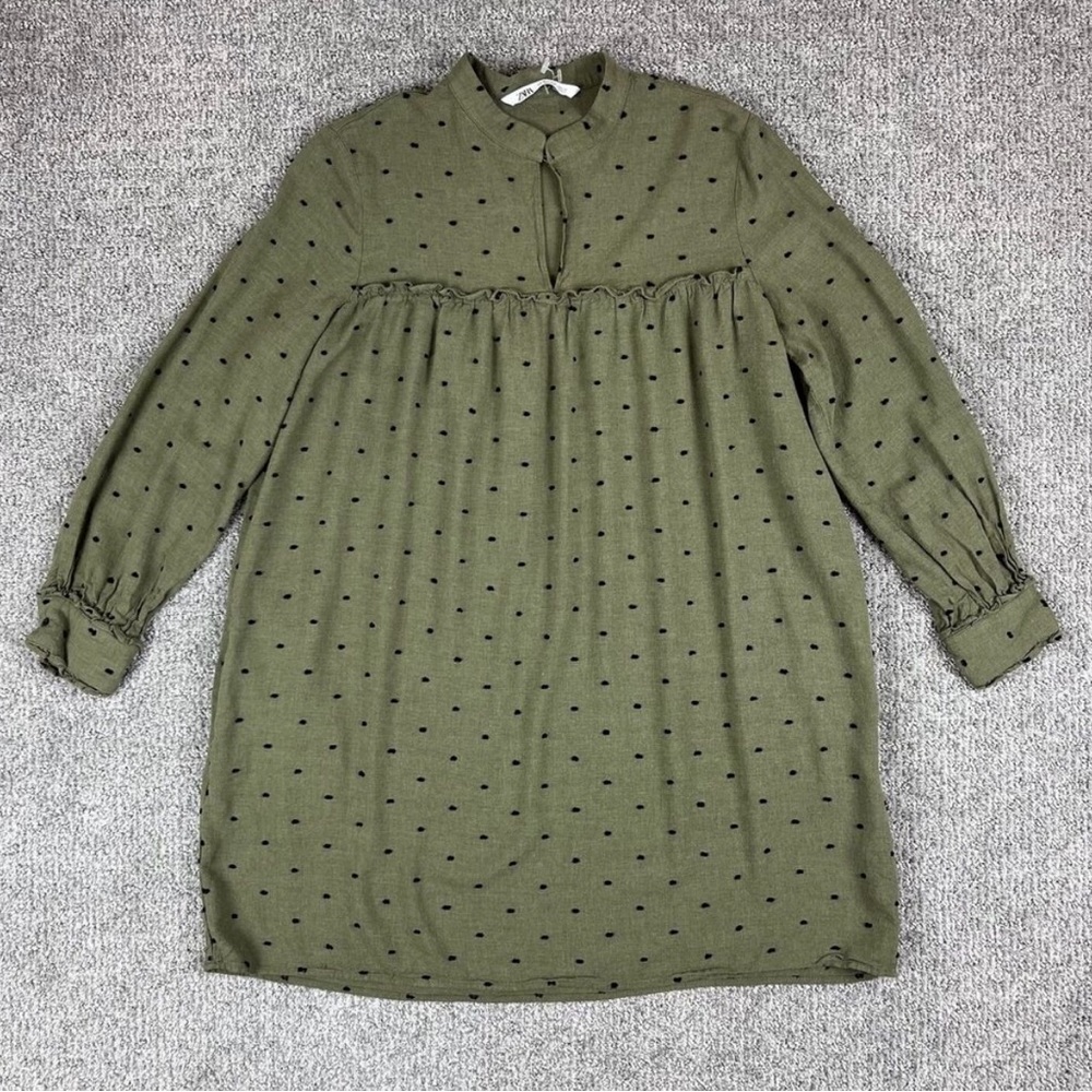 Zara Dress Womens Medium Green Black Polka Dot Long Sleeve Pocket Babydoll Cute